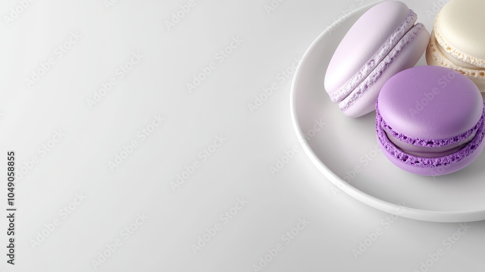 Fototapeta premium Purple, lilac, and cream macarons on white plate