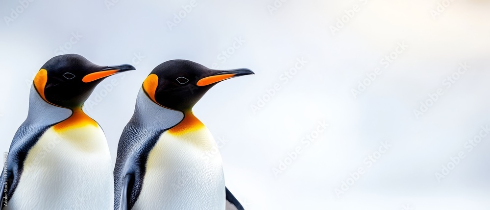 Fototapeta premium Two penguins standing side by side on a blue-white field Sky in background