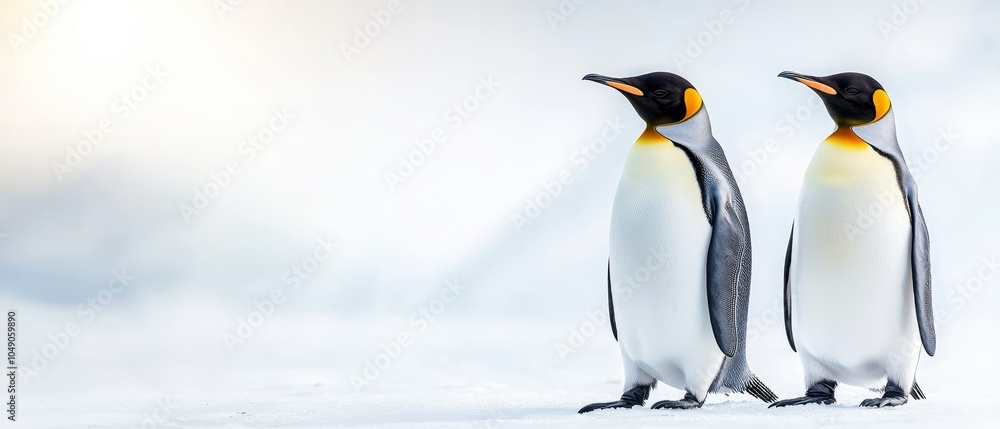 Fototapeta premium A pair of penguins standing close by on a snowy ground beneath a light blue sky