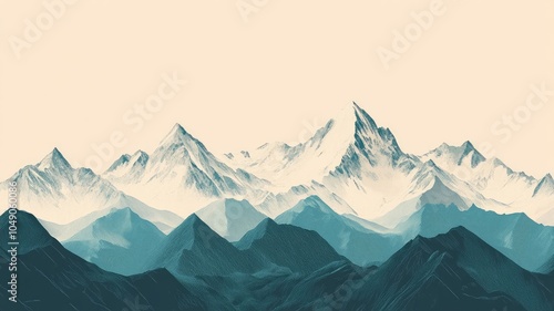 Artistic illustration of scenic mountain range in shades blue and white