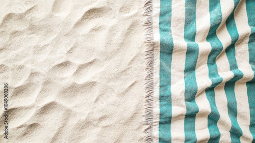 Sandy beach next to teal and white striped towel