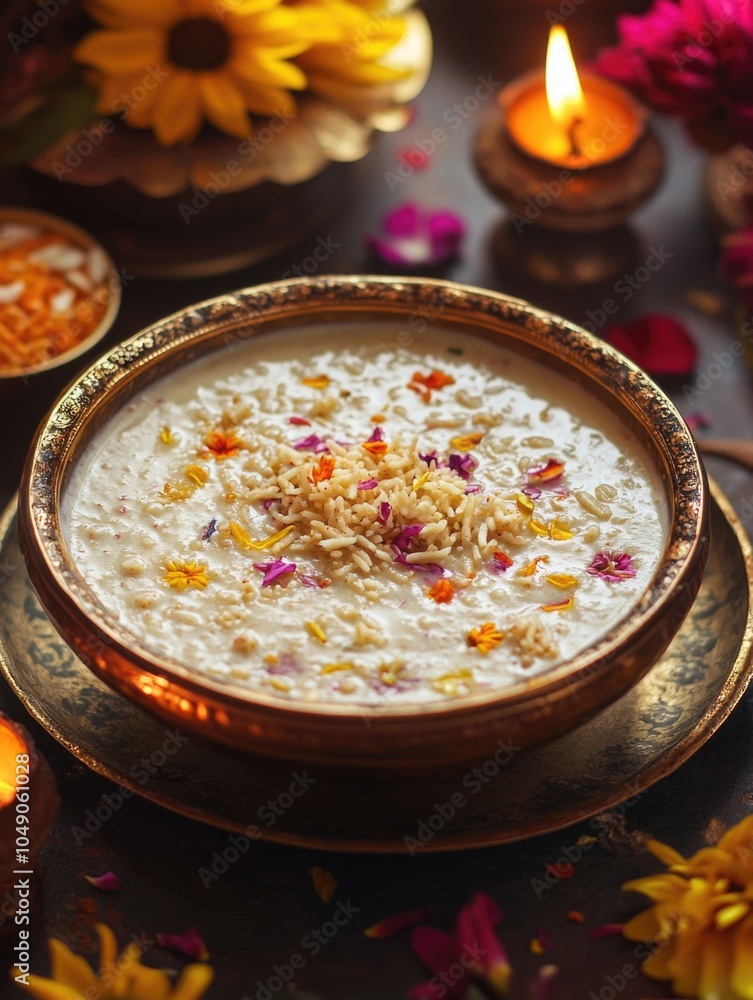 Bowl of rice with flowers on top of it. The bowl is on a plate and there are candles in the background Bowl of rice with flowers on top of it. The bowl is on a plate and there are candles in the background