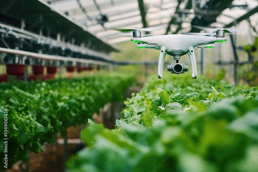 White drone is flying over a field of green plants. The drone is equipped with a camera and is likely being used for monitoring the plants. Concept of technological advancement White drone is flying over a field of green plants. The drone is equipped with a camera and is likely being used for monitoring the plants. Concept of technological advancement