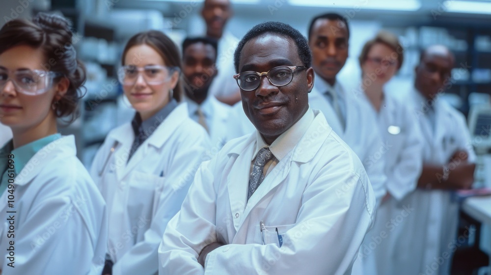Fototapeta premium Group of scientists are standing together in a lab. One of them is wearing a tie. The group appears to be posing for a photo