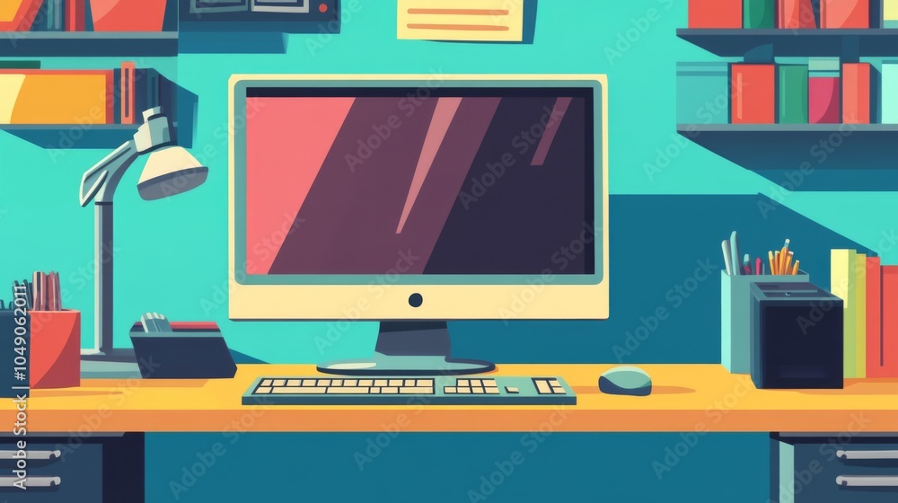 A cartoon illustration of a computer on a desk with office supplies, including a lamp, keyboard, mouse, pencils, and books. A cartoon illustration of a computer on a desk with office supplies, including a lamp, keyboard, mouse, pencils, and books.
