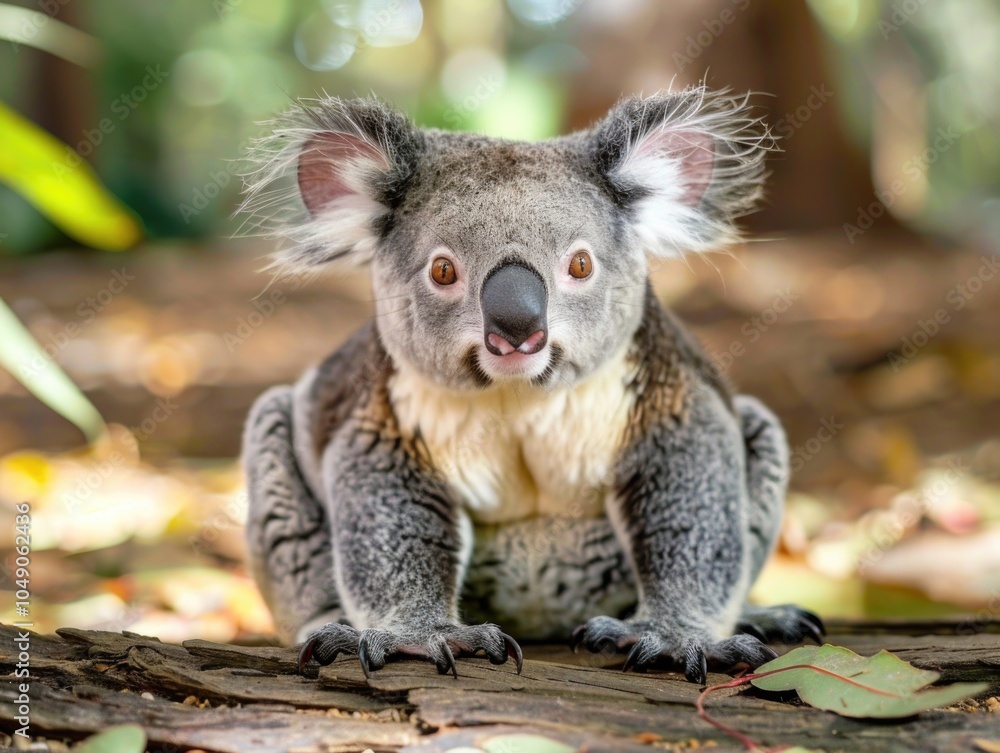 Obraz premium Koala is sitting on a log in the woods. The koala has a big, curious look on its face