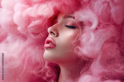 Woman with pink hair and a pink wig. She is wearing a pink shirt and pink lipstick