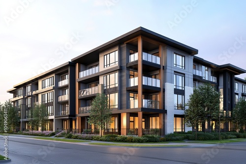 Exterior view of modern apartment building. New construction apartment or condo complex. Modern new residential apartment house building complex generative ai