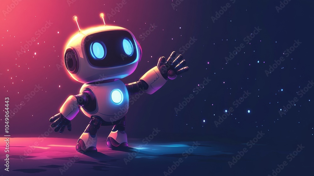 Naklejka premium A friendly, white robot with glowing blue eyes stands on a dark, neon-lit stage, raising its hand in greeting.