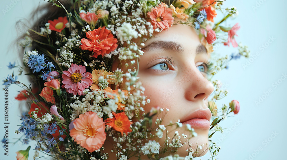 A serene woman with opened eyes and graceful expression, blended with vibrant flowers in a dreamy double-exposure effect. The image evokes harmony with nature, tranquility, and introspection.