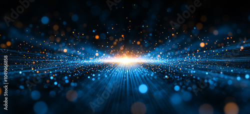 A blue and orange galaxy with a bright star in the center. The galaxy is filled with small, glowing dots that create a sense of movement and depth. The bright star in the center draws the eye