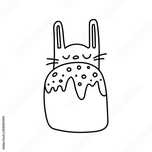 Hand-drawn doodle illustration of an Easter bunny holding a traditional Easter cake. This cute, whimsical artwork features a friendly rabbit with a festive cake topped with frosting and sprinkles