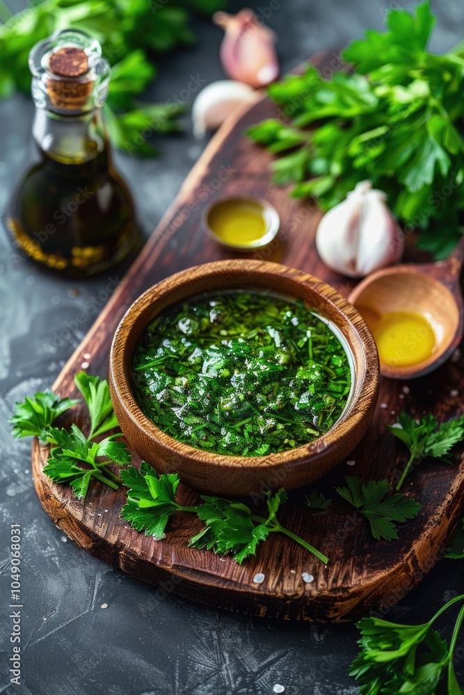 Bowl of green sauce sits on a wooden cutting board with a bottle of olive oil and a bunch of parsley Bowl of green sauce sits on a wooden cutting board with a bottle of olive oil and a bunch of parsley