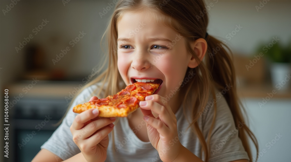 A young girl in a kitchen trying to eat a slice of pizza while laughing. Long brown, unruly hair. A young girl in a kitchen trying to eat a slice of pizza while laughing. Long brown, unruly hair.