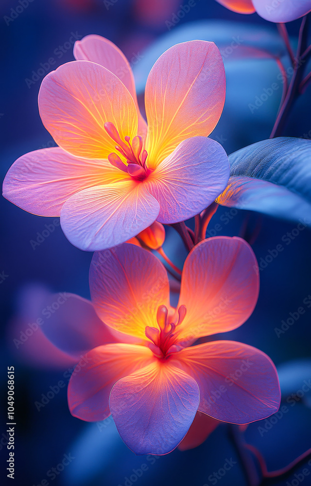 Two pink flowers with yellow centers are lit up by a light source. The flowers are surrounded by a blue background Two pink flowers with yellow centers are lit up by a light source. The flowers are surrounded by a blue background