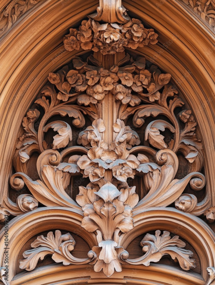Wooden carving with intricate designs and leaves. The carving is ornate and detailed, with a sense of depth and texture. Scene is one of elegance and sophistication Wooden carving with intricate designs and leaves. The carving is ornate and detailed, with a sense of depth and texture. Scene is one of elegance and sophistication