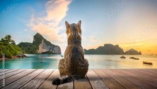  tranquil cat sits calmly on a wooden deck, admiring a beautiful sunset over tropical waters with mountains in the distance, embodying peace, relaxation, and the serenity of nature in a Thailand parad