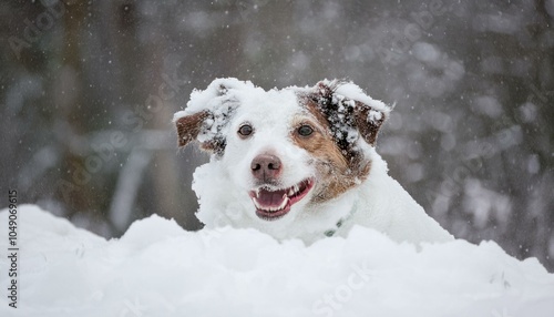Close-up of a playful dog with its head peeking out of deep snow, covered in snowflakes on face, ears, and fur. , enjoying winter outdoors, with joyful expression and snow on its fur and ears