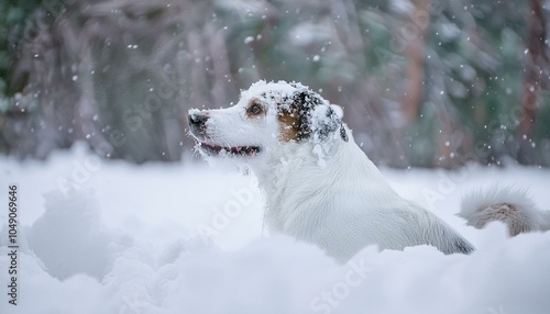 Serene winter scene with a dog resting in deep snow, gazing toward a beautiful sunrise. The dog is partially buried in snow, facing the warm, glowing light of the horizon, capturing the peaceful atmos