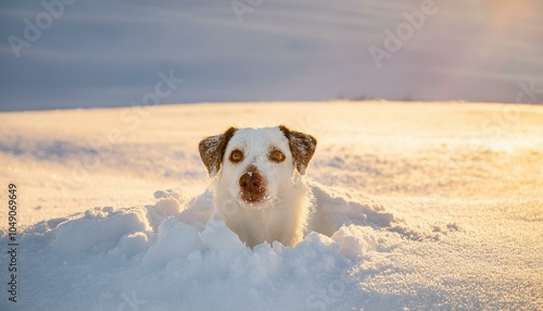 Close-up of a playful dog with its head peeking out of deep snow, covered in snowflakes on face, ears, and fur. , enjoying winter outdoors, with joyful expression and snow on its fur and ears