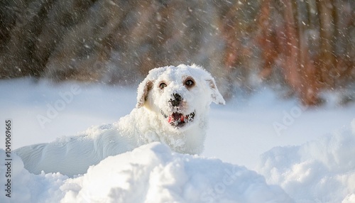 Close-up of a playful dog with its head peeking out of deep snow, covered in snowflakes on face, ears, and fur. , enjoying winter outdoors, with joyful expression and snow on its fur and ears