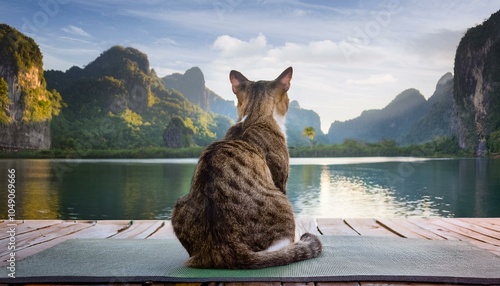  tranquil cat sits calmly on a wooden deck, admiring a beautiful sunset over tropical waters with mountains in the distance, embodying peace, relaxation, and the serenity of nature in a Thailand parad