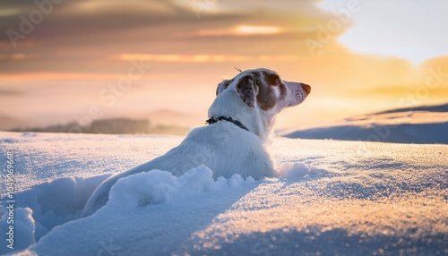 Serene winter scene with a dog resting in deep snow, gazing toward a beautiful sunrise. The dog is partially buried in snow, facing the warm, glowing light of the horizon.