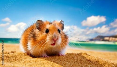 Charming close-up of a cute hamster sitting on a sandy beach with an ocean backdrop, under a bright blue sky with clouds. Ideal for summer, vacation, and relaxation themes.