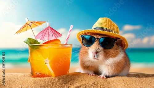 Charming close-up of a cute hamster in a straw hat and sunglasses sitting on a sunny beach next to a refreshing orange drink with an umbrella and straw, perfect for summer, vacation.
