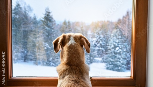 Adorable dog with a heartwarming expression peeking through a frosted window on a snowy day, surrounded by holiday decor and snowflakes, creating a cozy and nostalgic winter scene perfect for seasonal