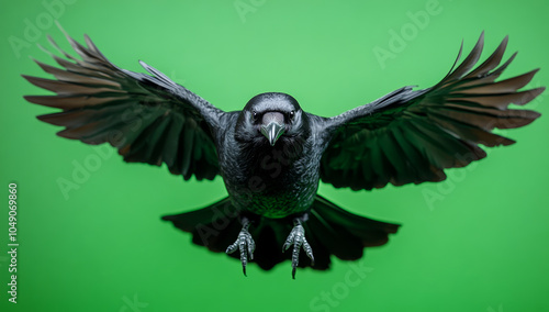 A black crow is flying in the air with its wings spread wide. The bird has a menacing look on its face, and its eyes are staring straight ahead. Concept of danger and foreboding