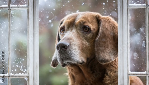 Adorable dog with a heartwarming expression peeking through a frosted window on a snowy day, surrounded by holiday decor and snowflakes, creating a cozy and nostalgic winter scene perfect for seasonal