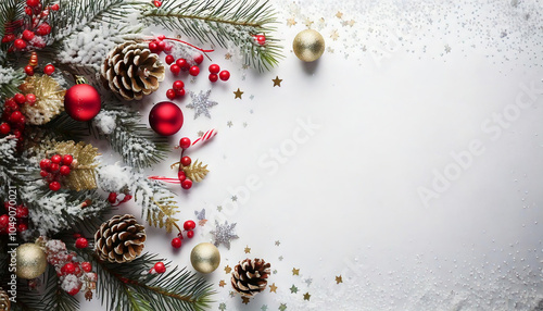 Festive Christmas white Background with Pine Branches, Red Ornaments, Snowy Pinecones, and copy Space for Text
