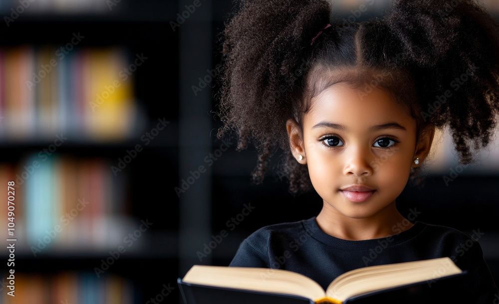 A young girl is sitting in front of a bookshelf with a book open in front of her. She is looking at the book with a smile on her face, indicating that she is enjoying reading A young girl is sitting in front of a bookshelf with a book open in front of her. She is looking at the book with a smile on her face, indicating that she is enjoying reading