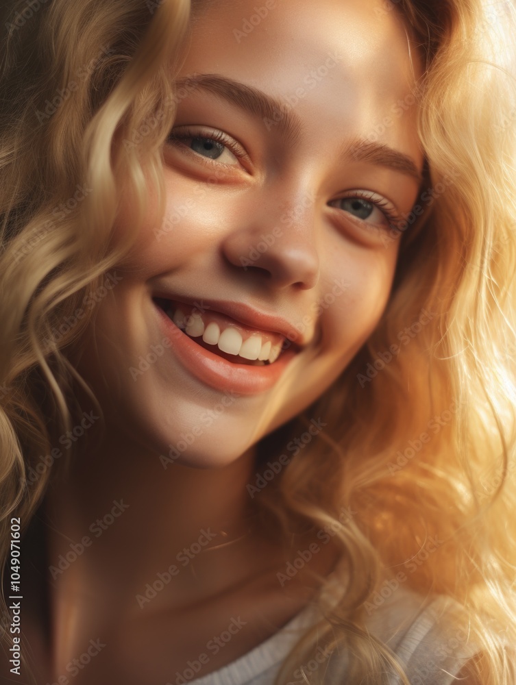 Woman with blonde hair and blue eyes is smiling and looking at the camera. She has a bright, happy expression on her face