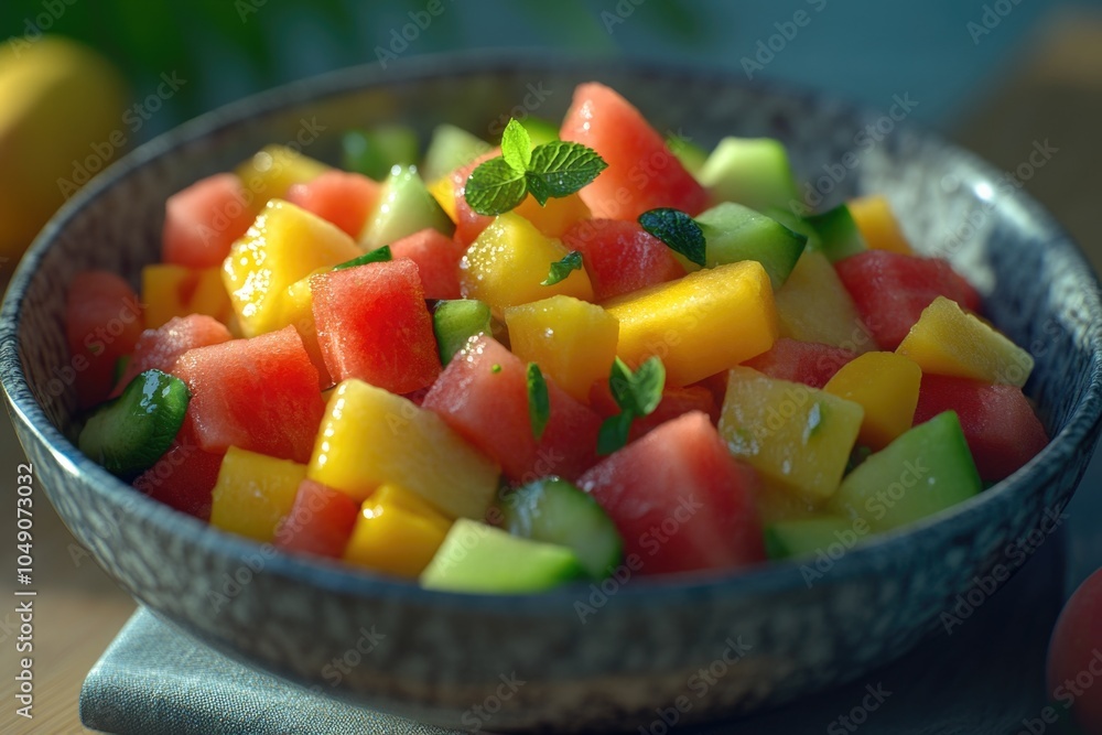 Bowl of fruit salad with watermelon, cantaloupe, and cucumber. The bowl is blue and the fruit is colorful Bowl of fruit salad with watermelon, cantaloupe, and cucumber. The bowl is blue and the fruit is colorful