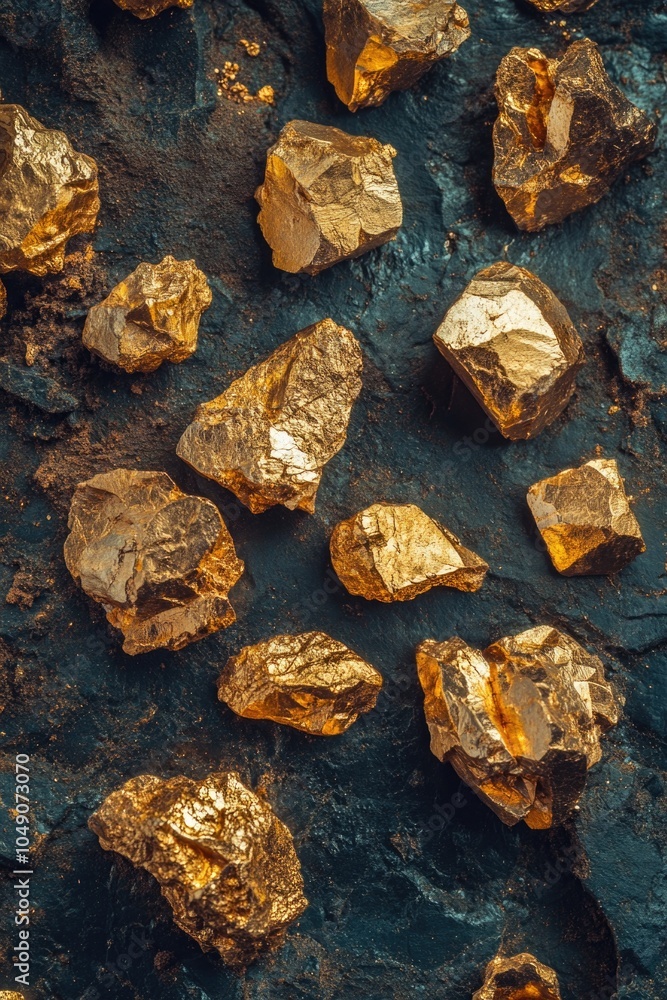 Close up of gold rocks on a black background. The rocks are shiny and metallic, and they are scattered across the surface. Concept of luxury and opulence, as the gold rocks are a symbol of wealth Close up of gold rocks on a black background. The rocks are shiny and metallic, and they are scattered across the surface. Concept of luxury and opulence, as the gold rocks are a symbol of wealth