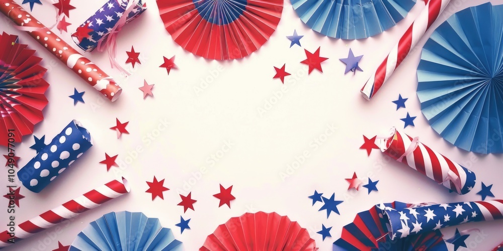 Obraz premium Banner with red, white, and blue paper fans and stars. The banner is for a patriotic event