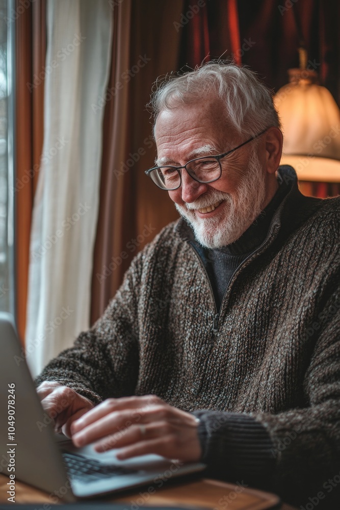 Man in a sweater is smiling while using a laptop. He is happy and content Man in a sweater is smiling while using a laptop. He is happy and content