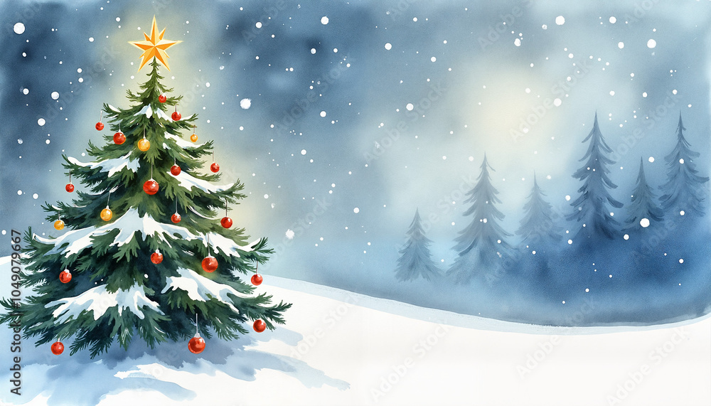 Fototapeta premium Christmas tree adorned with decorations and lights in a snowy winter landscape.