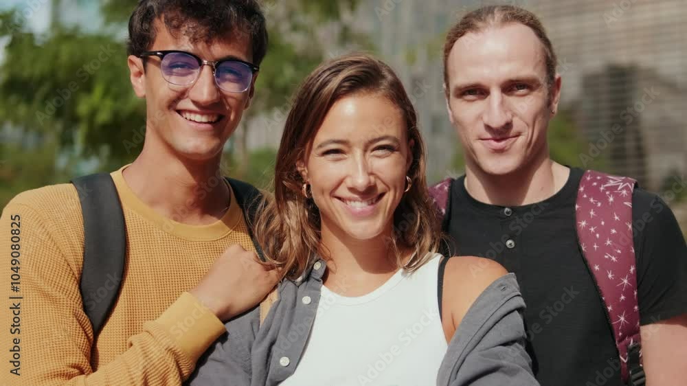 Close up of a group of mixed-sex students. Male and female young friends smiling at camera Close up of a group of mixed-sex students. Male and female young friends smiling at camera