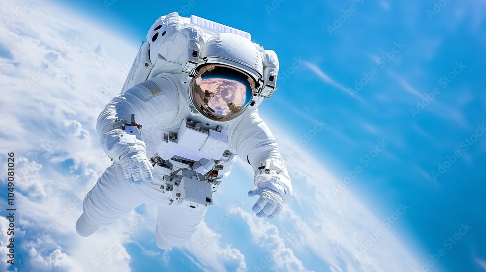 Astronaut floating in space above Earth with a bright blue atmosphere and white clouds Astronaut floating in space above Earth with a bright blue atmosphere and white clouds