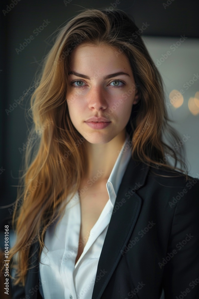 Woman with long brown hair and a white shirt is wearing a black jacket. She is smiling and looking directly at the camera Woman with long brown hair and a white shirt is wearing a black jacket. She is smiling and looking directly at the camera