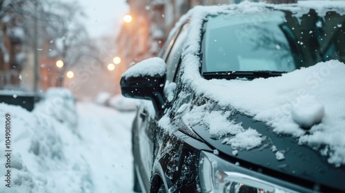 Black car is covered in snow and parked on a snowy street. The snow is piled up on the hood and the windshield. The scene is quiet and peaceful, with the snow covering the ground and the car