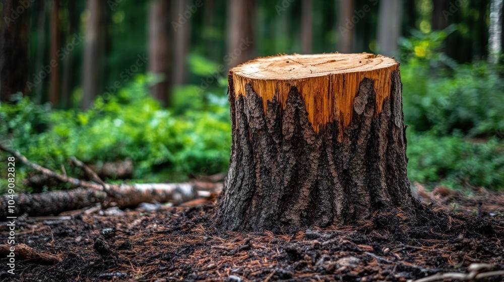 A tree stump in a forest, showcasing nature's cycle and the impact of deforestation. A tree stump in a forest, showcasing nature's cycle and the impact of deforestation.