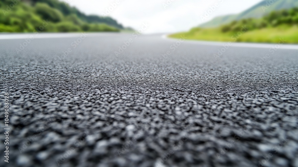A close-up view of a smooth asphalt road stretching into a green landscape. A close-up view of a smooth asphalt road stretching into a green landscape.