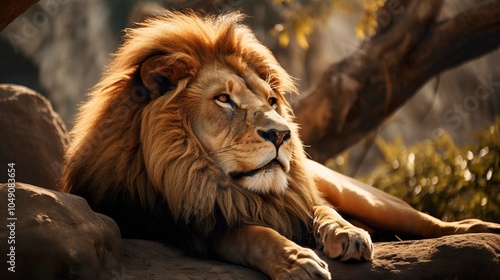 A photo of a majestic lion resting