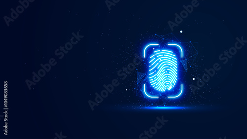Futuristic glowing fingerprint with plexus lines and glitter particles. Biometric in the neon light style. 3D abstract copy space in the night view. Digital technology background