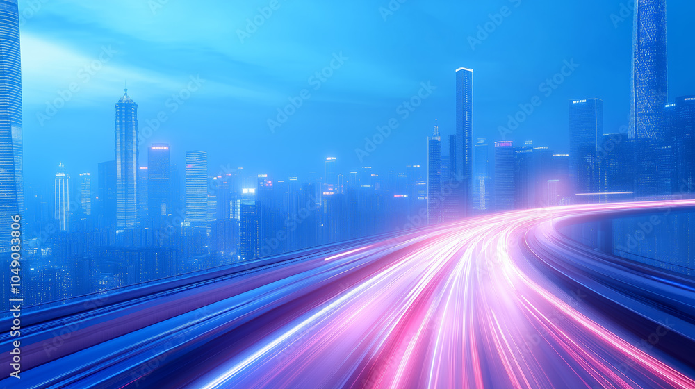 Illuminated city skyline with flowing light trails at dusk, showcasing urban energy and vibrancy Illuminated city skyline with flowing light trails at dusk, showcasing urban energy and vibrancy