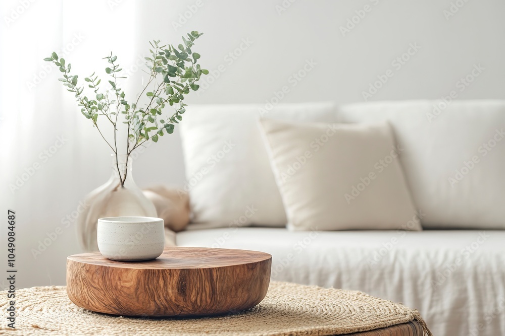 Interior design of living room with cushion at comfortable sofa, wooden side table with plants in vase, elegant accessories and cozy rug. generative ai Interior design of living room with cushion at comfortable sofa, wooden side table with plants in vase, elegant accessories and cozy rug. generative ai
